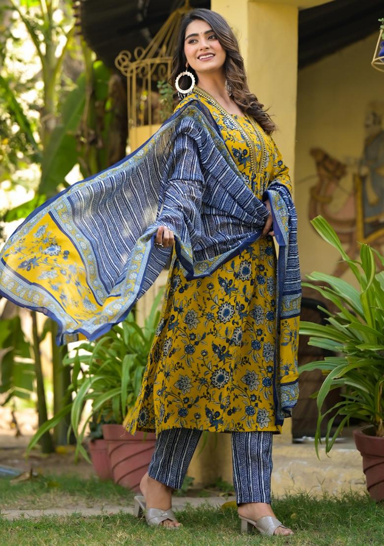 Mustard Printed Rayon Kurta Set