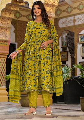 Mustard Printed Rayon Kurta Set
