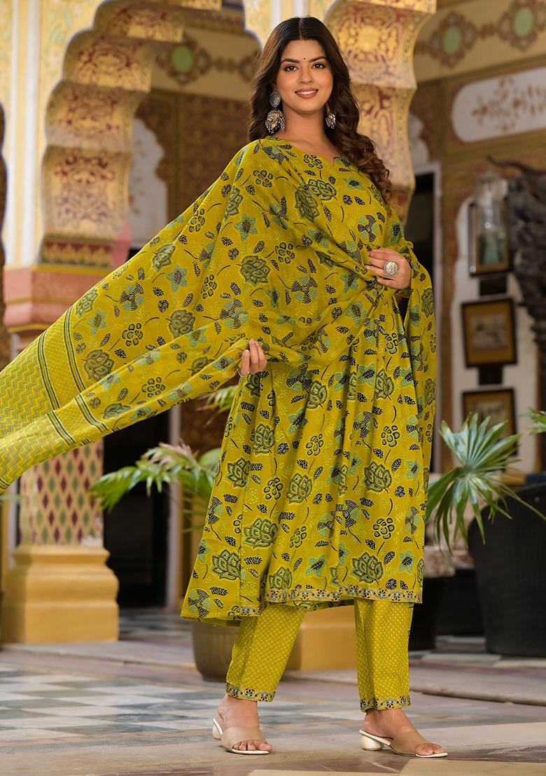 Mustard Printed Rayon Kurta Set