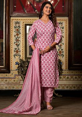 Peach Printed Rayon Kurta Set