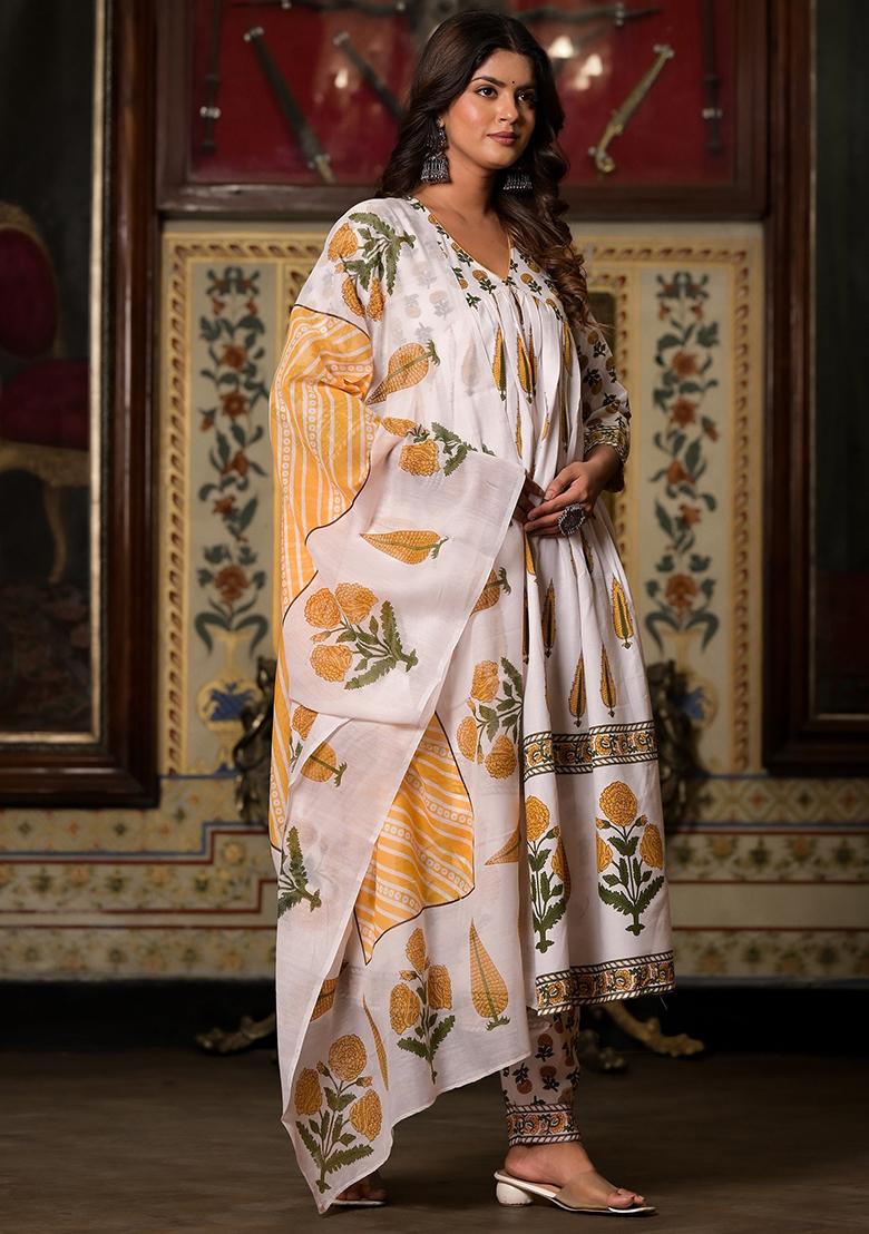 Off White Printed Rayon Kurta Set