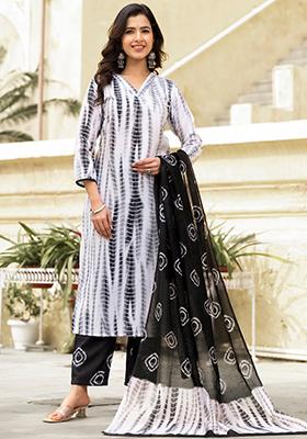 Off White And Black Printed Rayon Kurta Set