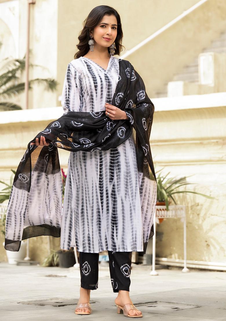 Off White And Black Printed Rayon Kurta Set