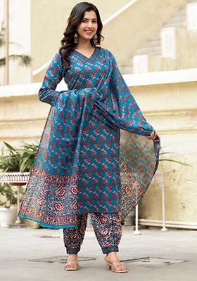 Blue Printed Rayon Kurta Set