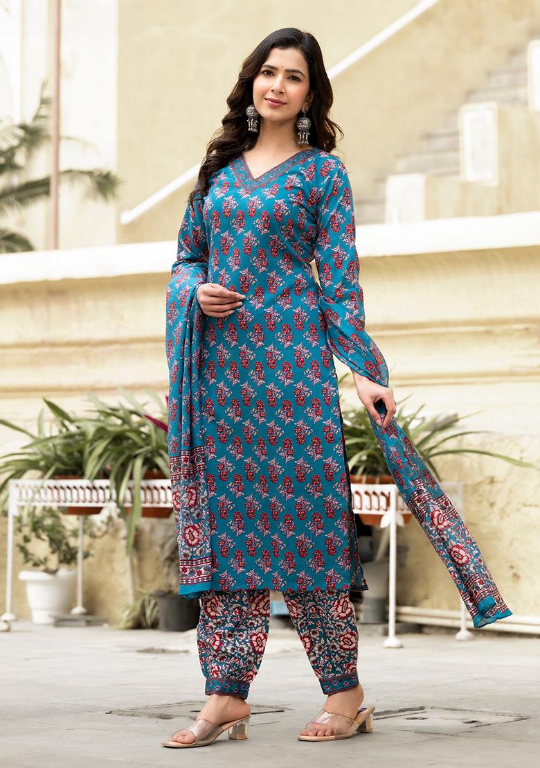 Blue Printed Rayon Kurta Set