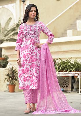 Off White And Pink Printed Rayon Kurta Set
