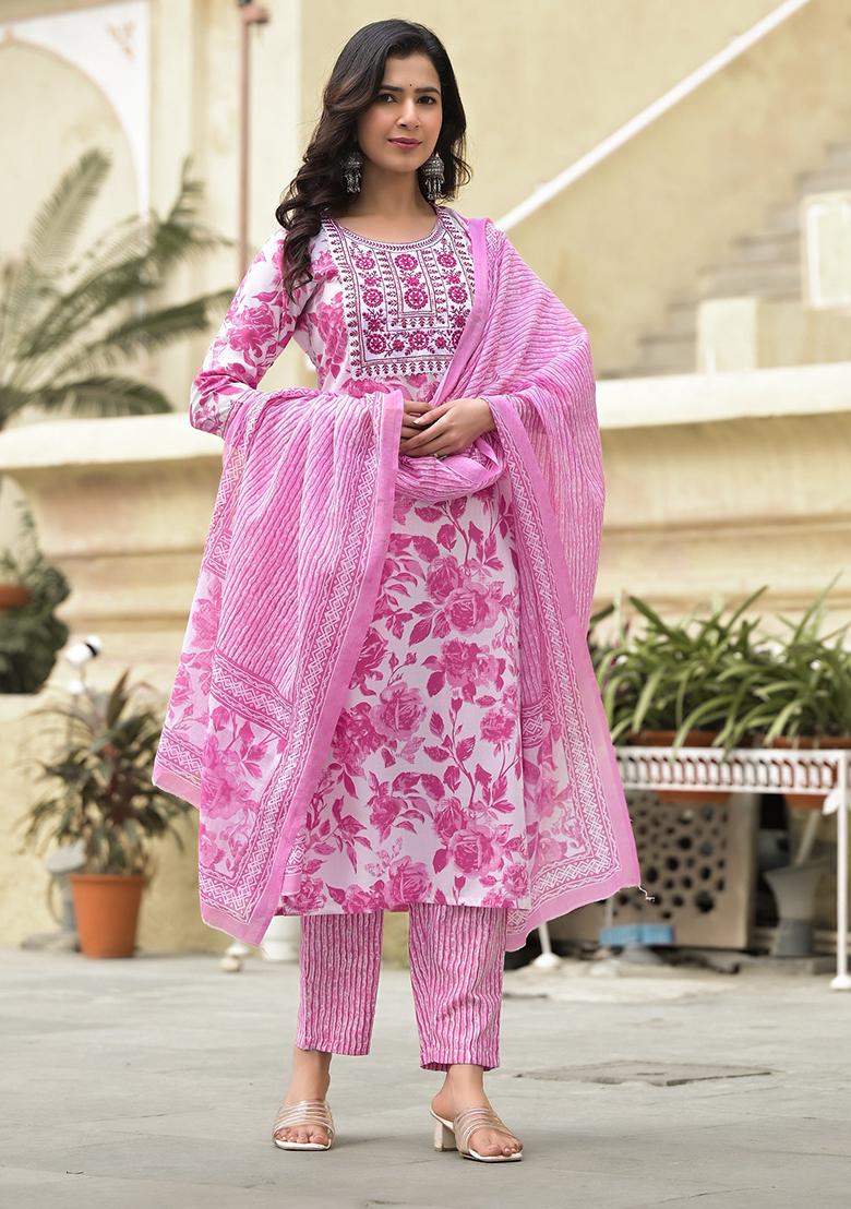 Off White And Pink Printed Rayon Kurta Set