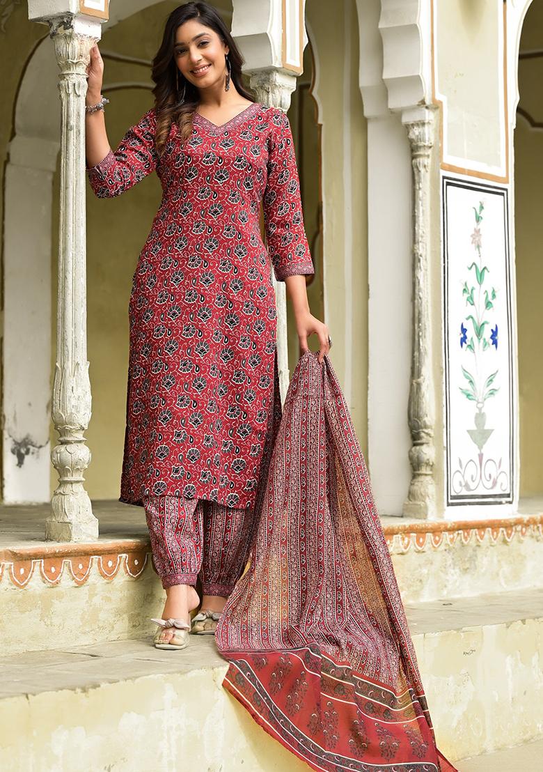 Red Printed Rayon Kurta Set