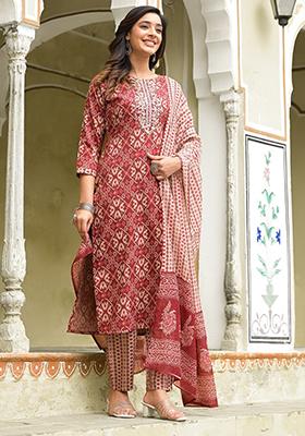 Red Printed Rayon Kurta Set