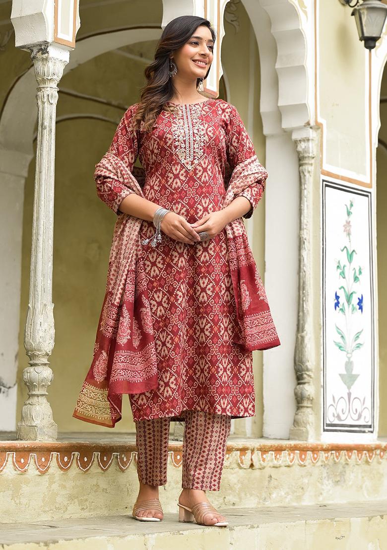 Red Printed Rayon Kurta Set