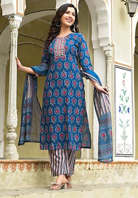 Blue Printed Rayon Kurta Set