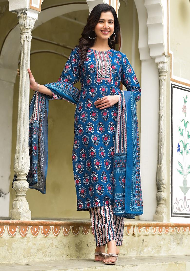 Blue Printed Rayon Kurta Set