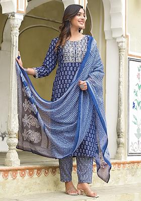 Blue Printed Rayon Kurta Set