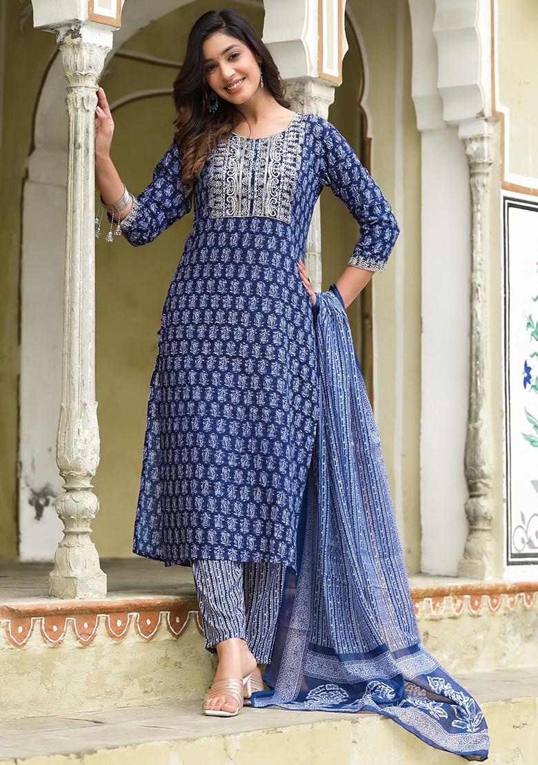 Blue Printed Rayon Kurta Set