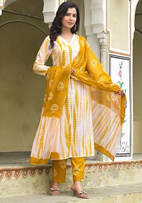 Off White And Yellow Printed Rayon Kurta Set