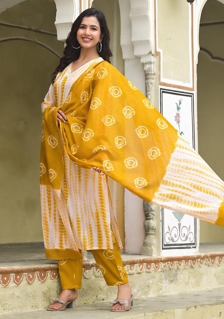 Off White And Yellow Printed Rayon Kurta Set