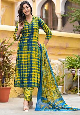 Yellow And Blue Printed Cotton Kurta Set