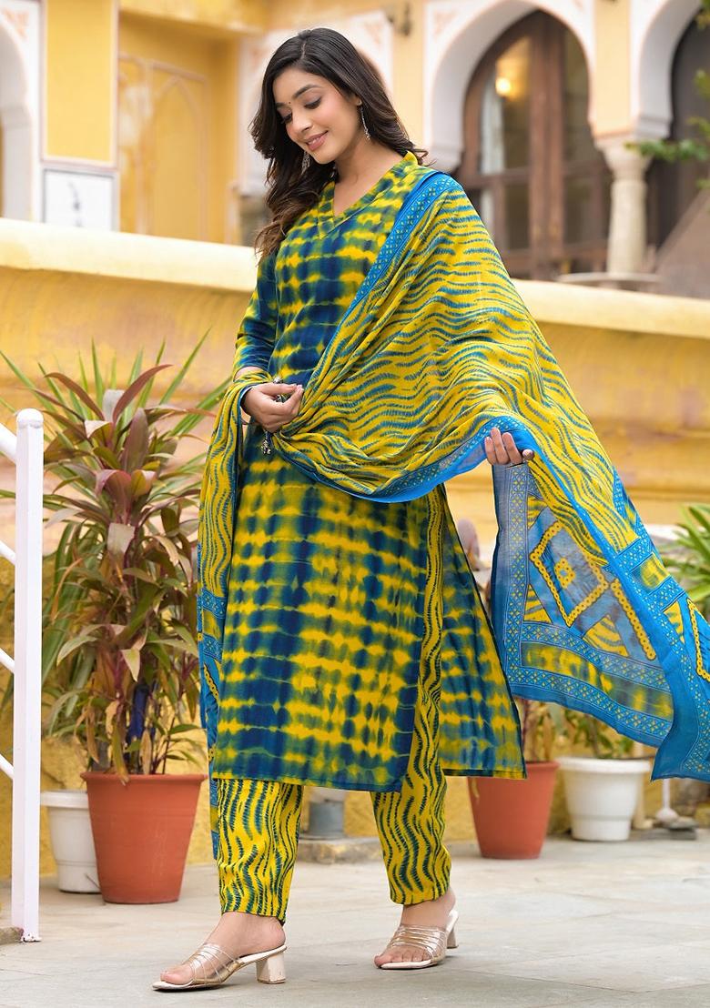 Yellow And Blue Printed Cotton Kurta Set