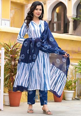 Off White And Blue Printed Rayon Kurta Set