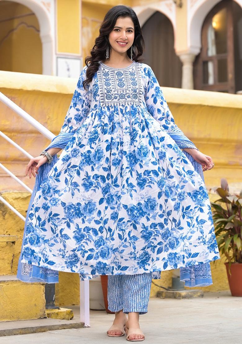 Off White Printed Rayon Kurta Set