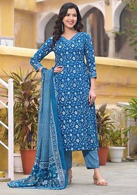 Blue Printed Rayon Kurta Set