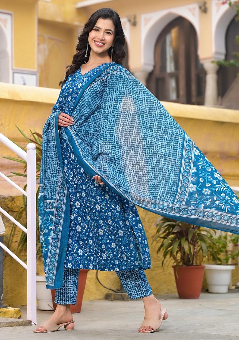 Blue Printed Rayon Kurta Set