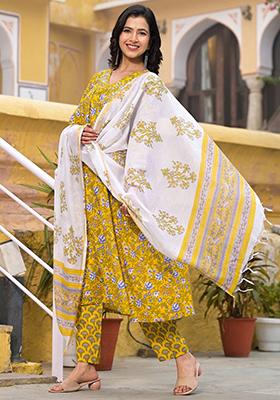 Yellow Printed Rayon Kurta Set