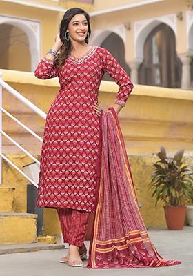 Red Printed Cotton Kurta Set