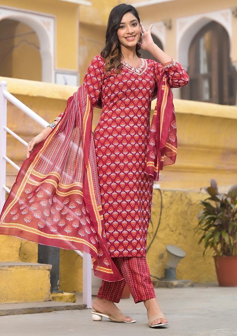Red Printed Cotton Kurta Set