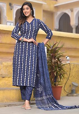 Blue Printed Cotton Kurta Set