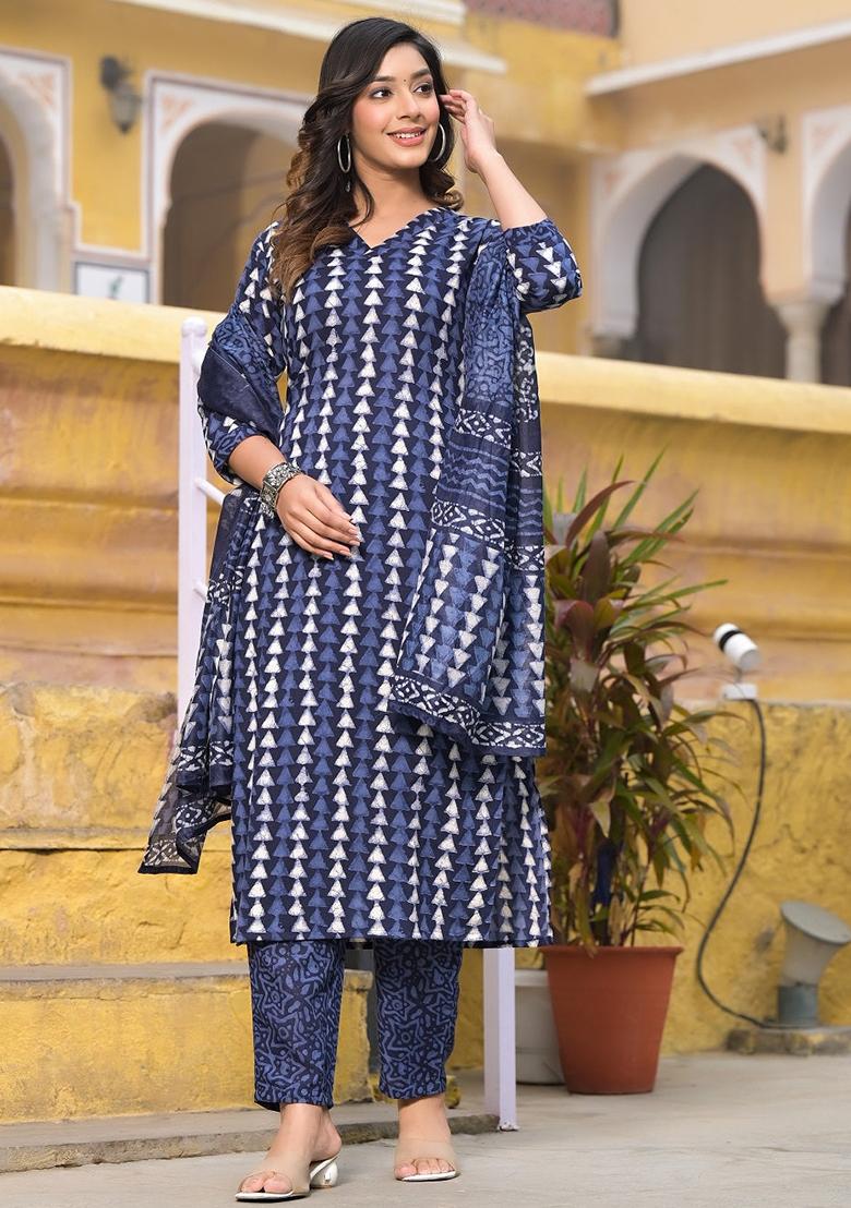 Blue Printed Cotton Kurta Set
