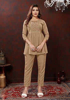 Brown Embroidered Cotton Co-Ord Set