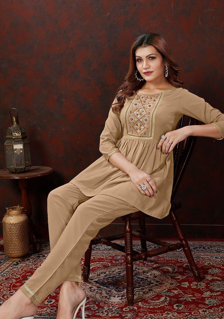 Brown Embroidered Cotton Co-Ord Set