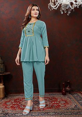 Sky Blue Embroidered Cotton Co-Ord Set