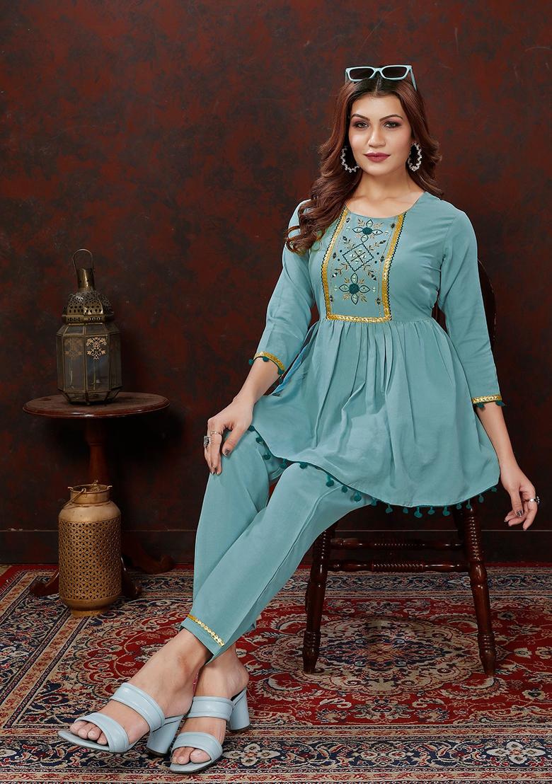 Sky Blue Embroidered Cotton Co-Ord Set