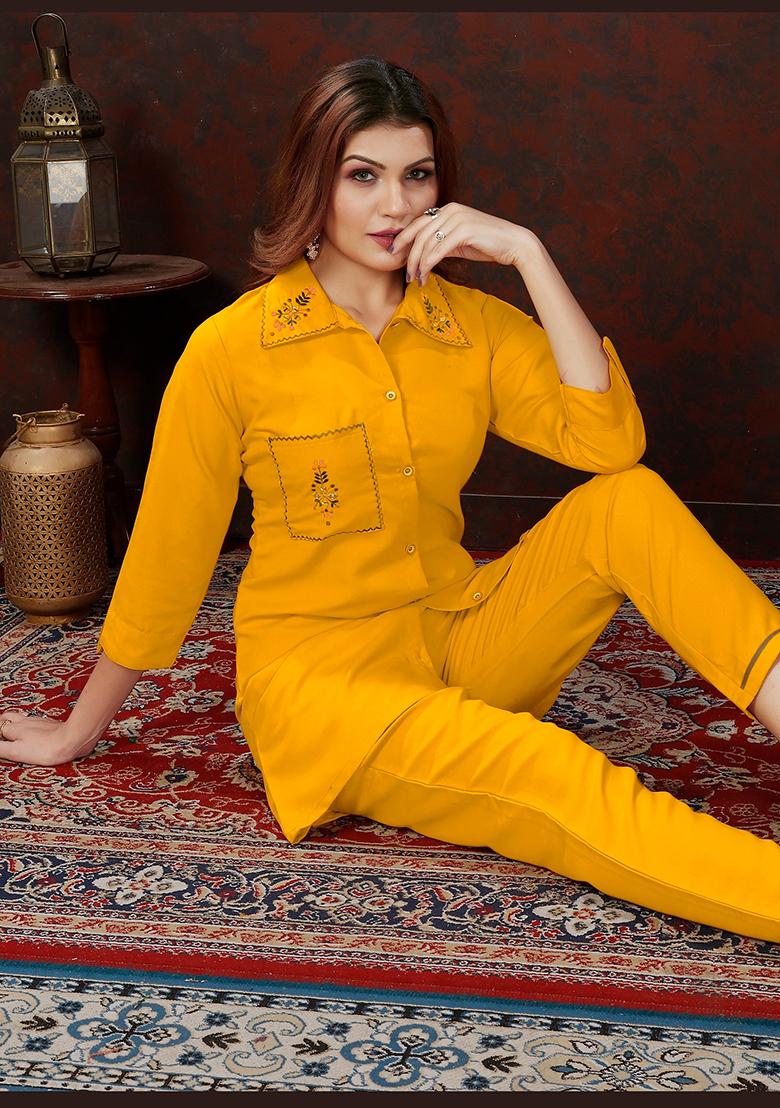 Yellow Embroidered Cotton Co-Ord Set