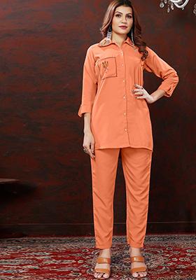 Orange Embroidered Cotton Co-Ord Set