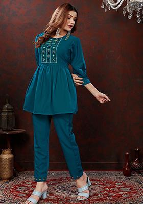 Blue Embroidered Cotton Co-Ord Set