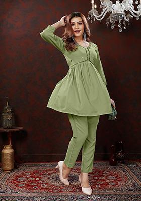 Green Embroidered Cotton Co-Ord Set