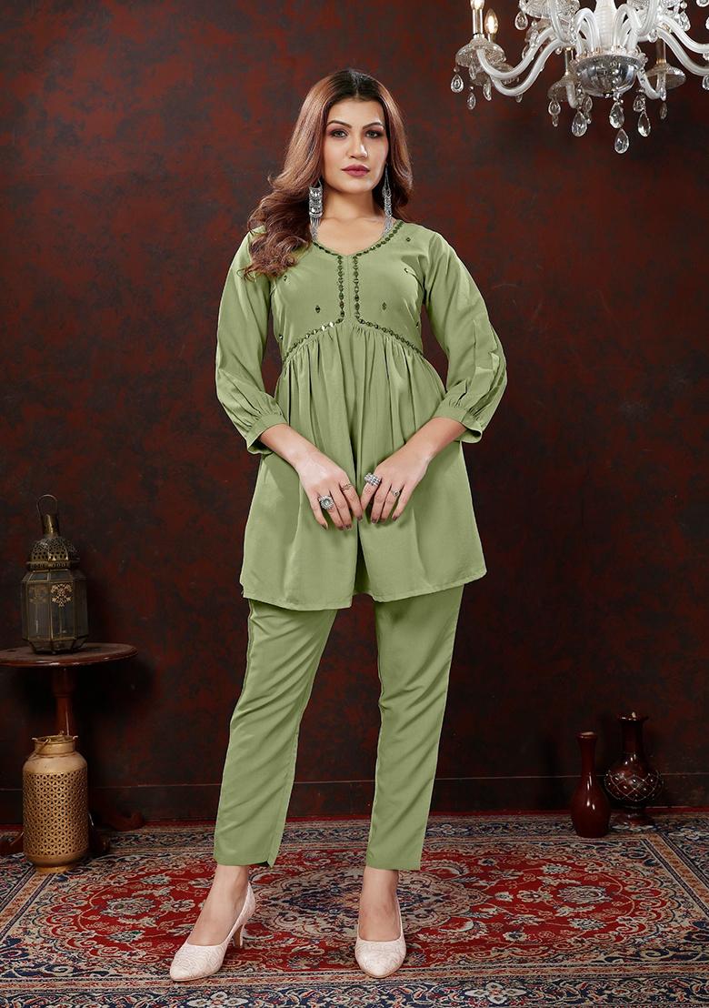 Green Embroidered Cotton Co-Ord Set
