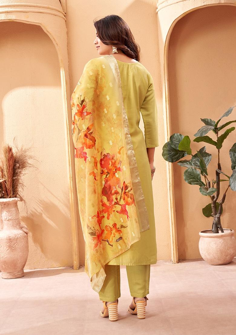 Pista Green Embroidered Chanderi Kurta Set