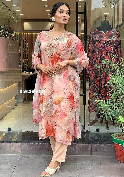 Peach Embroidered Organza Kurta Set