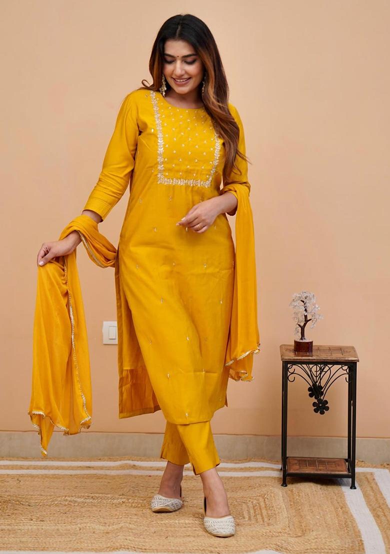 Mustard Embroidered Rayon Kurta Set