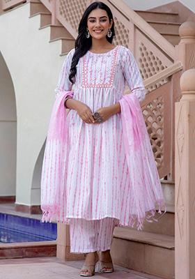 Pink And Off White Printed Rayon Kurta Set