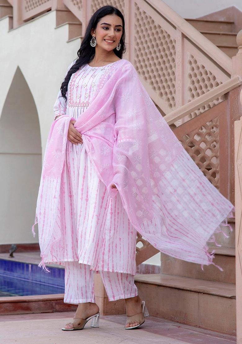 Pink And Off White Printed Rayon Kurta Set