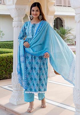 Sky Blue Printed Rayon Kurta Set