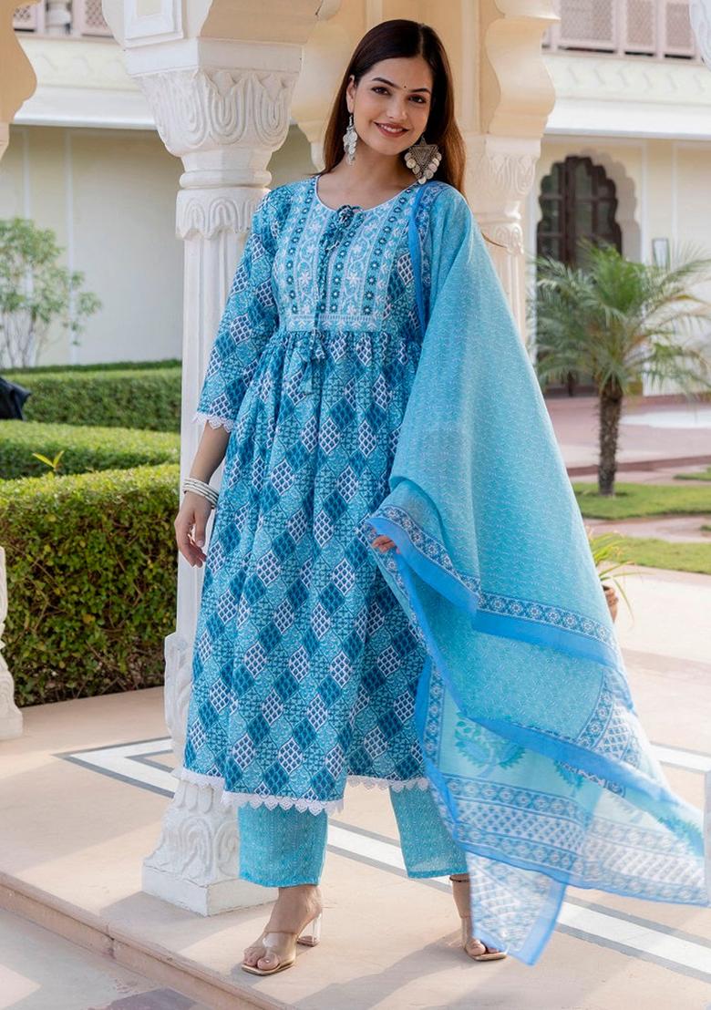 Sky Blue Printed Rayon Kurta Set