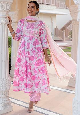 Off White And Pink Printed Rayon Kurta Set