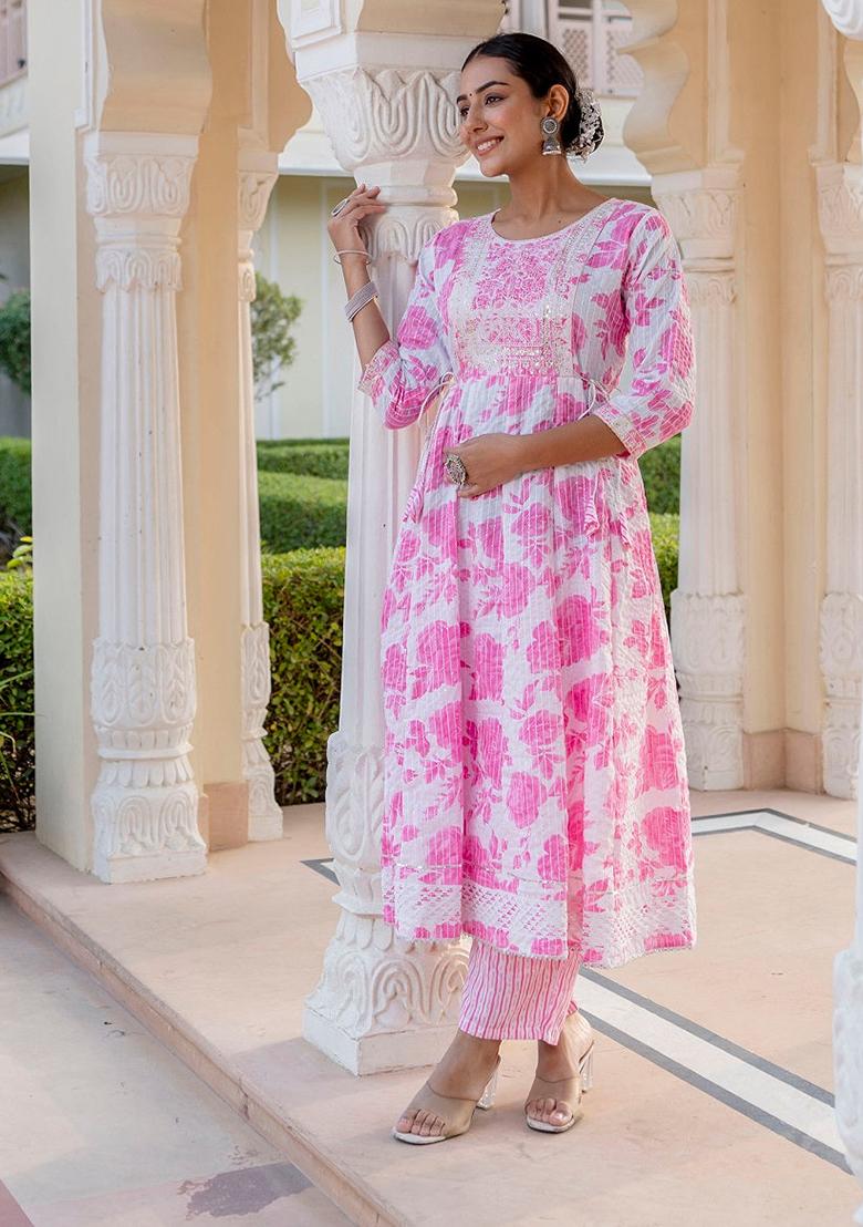 Off White And Pink Printed Rayon Kurta Set