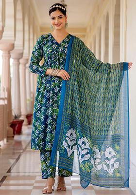 Blue And Green Printed Rayon Kurta Set
